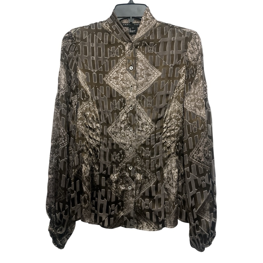 Yansi Fugel Semi Sheer Blouse Size 4 Scarf Print Silk Blend Artsy Textured